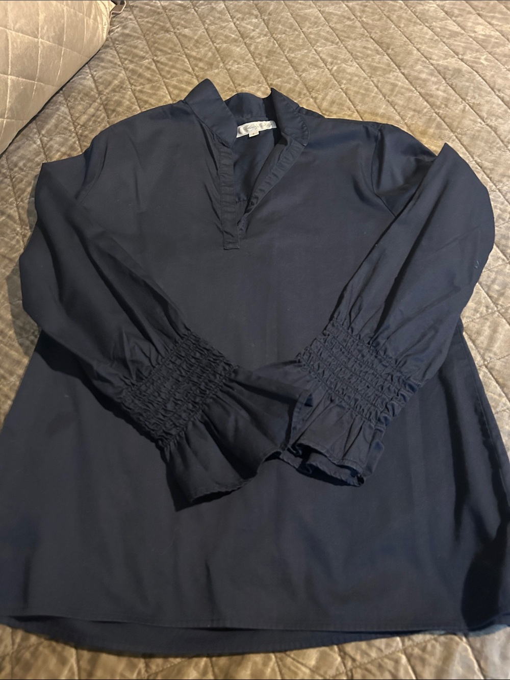 Women's Navy Smocked Cuff V-Neck Blouse